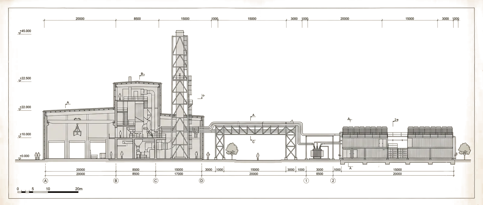 Elevation drawing of a waste to energy facility bridged to a containerised data hall campus