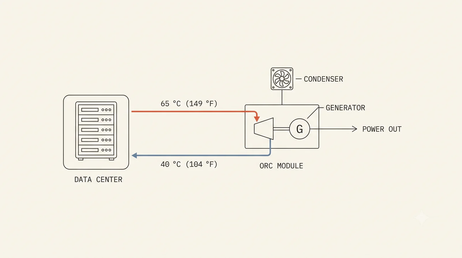 Process diagram of heat to power: the ORC module and generator converting 65 degree Celsius heat with the condenser