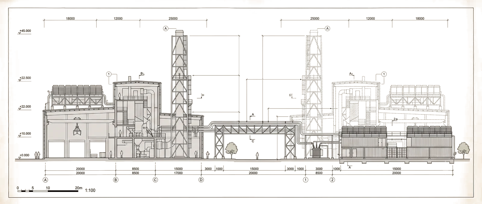 The facility drawn solid beside its dashed digital twin