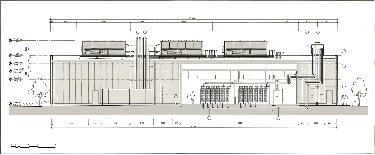 Section drawing of a liquid cooled data hall with rooftop dry coolers and warm return pipework