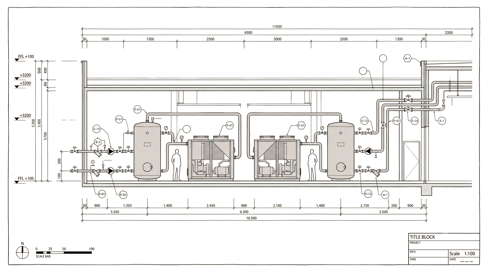 Plant room section: heat pump units flanked by buffer vessels between data hall and host process