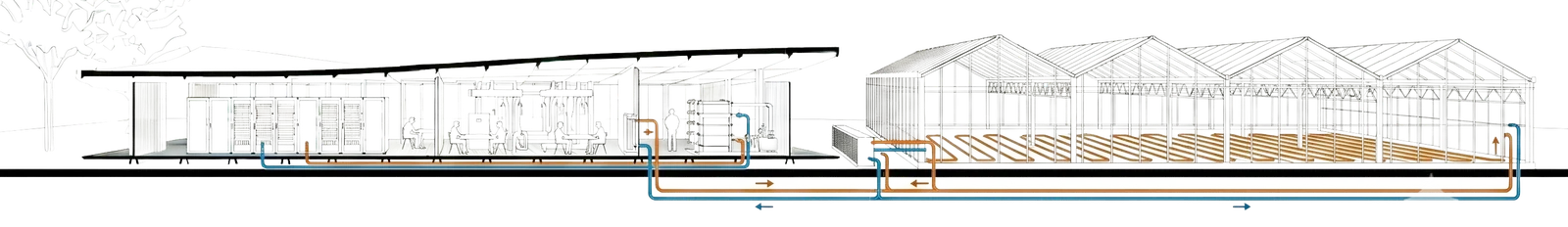 Long section through a MicroLink data hall delivering recovered heat to an adjacent greenhouse, with hot and cool loops and the dry cooler rejection path